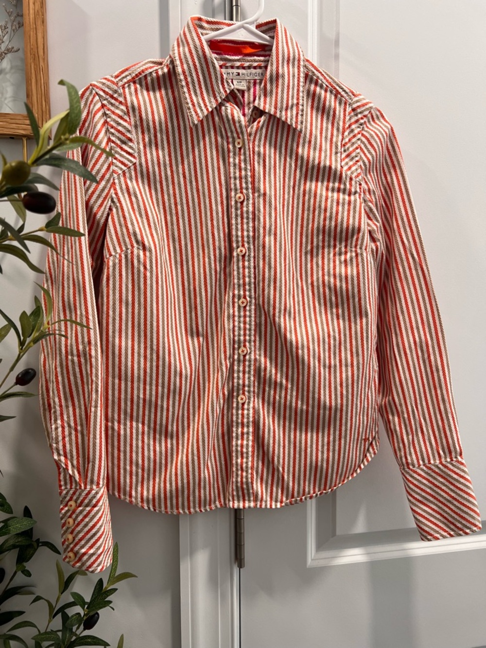 Tommy Hilfiger Orange, Cream and Brown Striped Button-Up Shirt